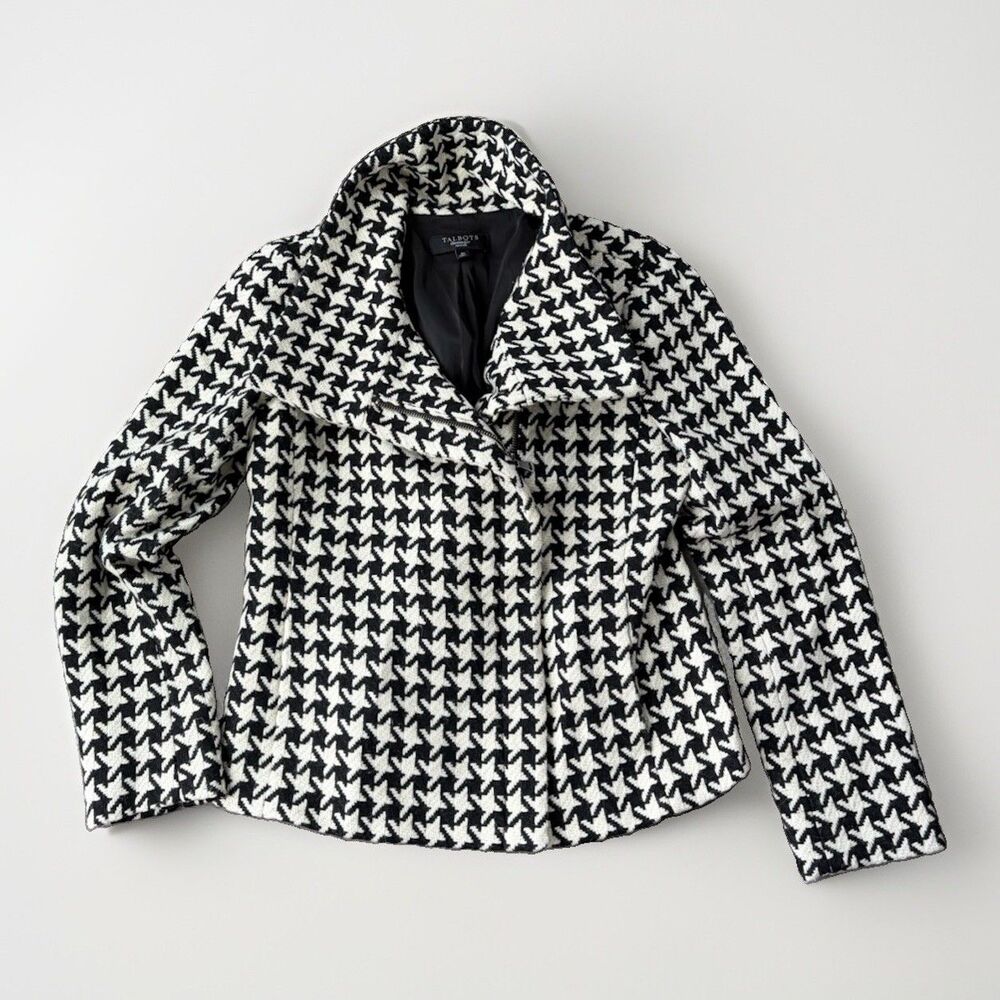 Talbots Houndstooth Moto Jacket Womens 4P Black White Full Zip Blazer Petite